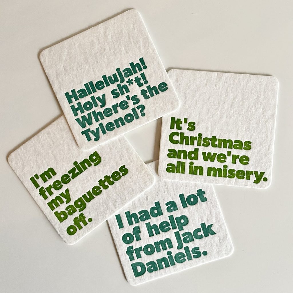 Branded coasters with quotes from National Lampoon's Christmas Vacation