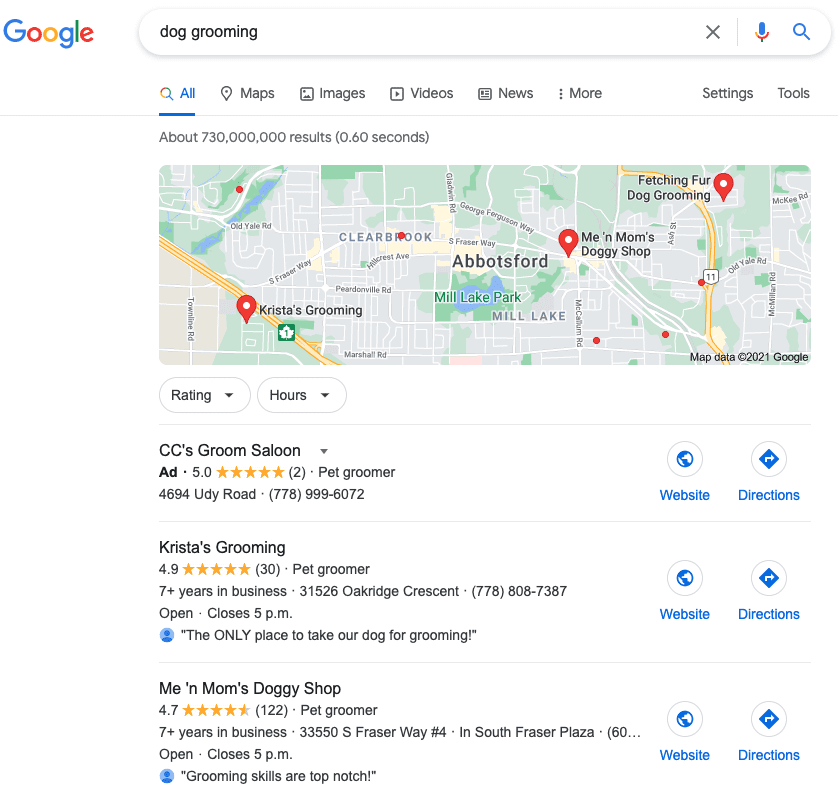 Example of a Google Map listing